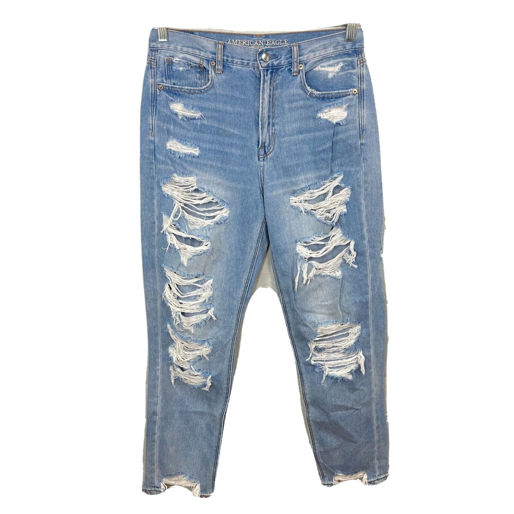 American Eagle Jeans Womens Sz 8 Mom Jeans Light Blue Distressed‎ High Rise